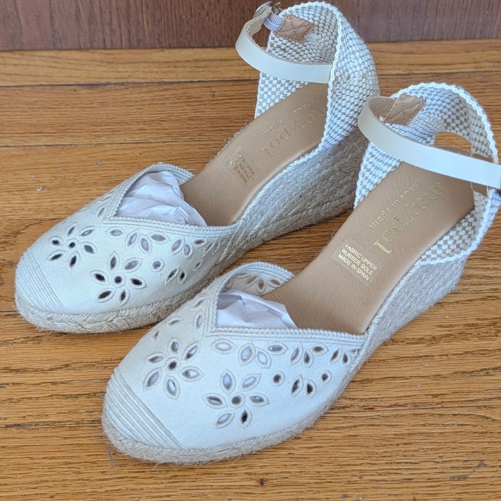 Maypol Espadrille Wedge Floral Eyelet Tan Brown Jute 41 Womens Made in Spain
